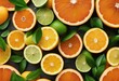 Citrus fruits background Assorted fresh citrus fruits with leaves Top view Close Up