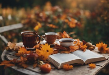 Wall Mural - Cup of tea and coffee books on table in autumn garden Rest in garden Autumn holiday in village or countryside