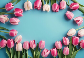  Spring holiday background Flowers for Valentines Mothers or Womens Day Pink tulips flowers on blue background with copy space