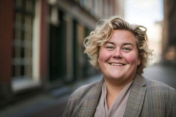 Chubby happy pretty smiling professional business woman, happy confident positive female entrepreneur standing outdoor on street, looking at camera