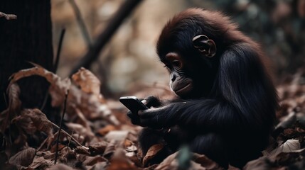 Wall Mural - AI generated illustration of A baby gorilla playing with a smartphone