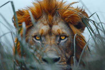 Wall Mural - A majestic lion blends into the tall grass, its sleek fur glistening in the sunlight as it searches for its next prey