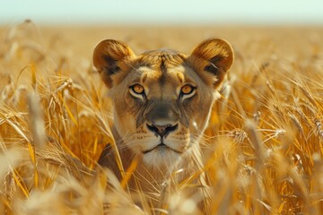 Wall Mural - A majestic lioness stands tall in a sea of swaying grass, embodying the raw power and untamed beauty of the african savannah