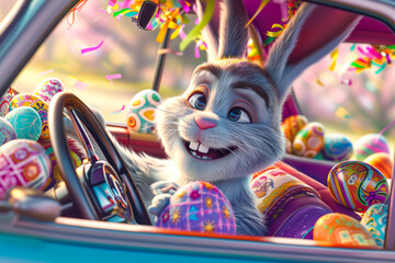 Cute bunny driving car full of Easter eggs, funny rabbit character, Easter cartoon Illustration