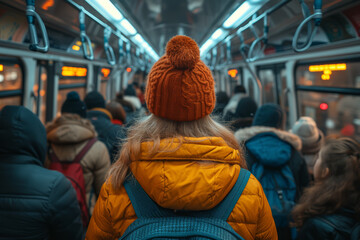 Poster - A picture of a crowded public transport scene, representing the daily grind of commuting. Concept of the reality of daily routines. Generative Ai.