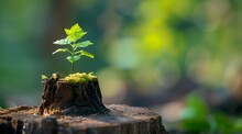 Plant Growing On The Stump With Green Bokeh Background.