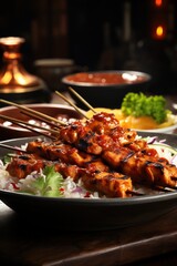 Wall Mural - Sate Ayam Chicken Satay with Peanut Sauce. Best For Banner, Flyer, and Poster