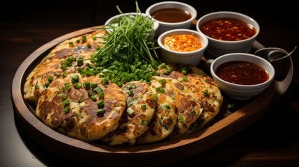 Wall Mural - Scallion Pancakes with Dipping Sauce. Best For Banner, Flyer, and Poster