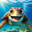 Portrait of a happy sea turtle swimming underwater. Cute turtle in the ocean character. Happy Turtle having fun at summer holidays
