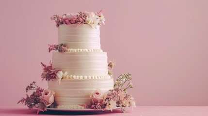 Two-tiered gorgeous and stylish white wedding cake, beautifully decorated in the corner of the image on solid pastel background behind