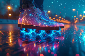 Sticker - A roller skating party at a rink decked out in disco lights, bringing back the vibrant 70s scene. Concept of retro leisure and vibrant social gatherings. Generative Ai.