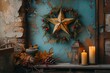 A cozy still life captured within the walls of a building, featuring a flickering candle and a shimmering star, creating a warm and artistic lighting display perfect for a festive indoor christmas se