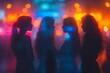 © familymedia - A group of women embrace the beauty of the night as they stand in front of a window adorned with colorful lights, illuminating their figures and filling the room with a sense of warmth and camaraderi