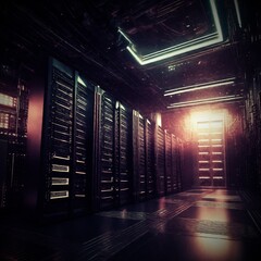 Server Room Computer Datacenter Rack Data computing. A spacious server room with rows of dark-colored servers of various sizes, creating an imposing and organized appearance. Iridescent blue lights re