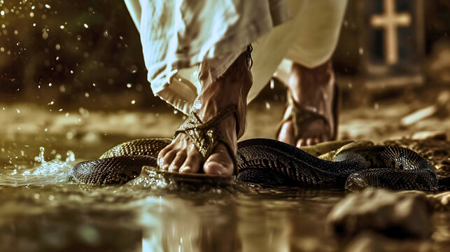a male person wearing white robe and sandals, symbolizing jesus christ, stepping over the snake, cru