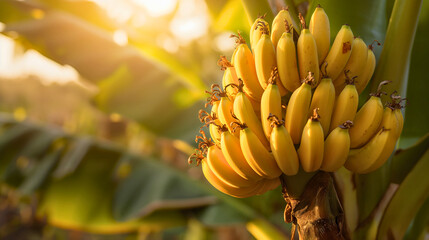 Outdoors sunny garden full of tropical banana tree plants full of a bunch of yellow ripe banana fruits and large exotic green leaves casting the shadow. Organic food growth, plantation and farming