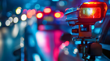 Closeup of a police radar on the city street at night, with cars passing by blurred in the background. Speed limit control on the highway, penalty for speeding, camera helping the law enforcement