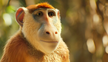A Proboscis Monkey With A Distinctive Large Nose And Thoughtful Expression Is Captured In A Close-up, Set Against A Bokeh Background In A Tropical Forest