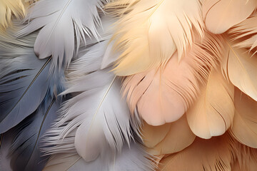 Poster - close up view of pink and yellow feathers, feather background texture 