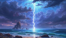 Dramatic Outdoor Scene: Large Storm With Lightning Illuminating The Ocean Coastline, Creating A Spectacular And Ominous Atmosphere