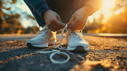 Wall Mural - Closeup of a man tying his gray and white sport shoes or sneakers, wearing a tracksuit, ready for jogging or walking outdoors in the summer. Footwear lace tying, exercise healthy lifestyle for runner
