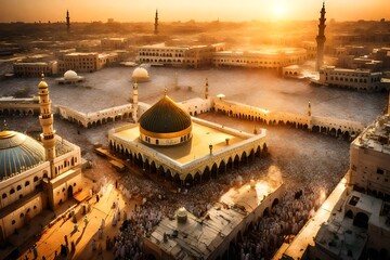 A panoramic view of the cityscape of Madina at dusk, with the minarets of Masjid al standing tall against the backdrop of the setting sun, a symbol of hope and faith for worshippers during Ramadan
