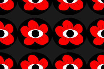 Abstract red flower with an eye in the middle. Black, red, white bright contrast colors. Seamless vector pattern for design and decoration.