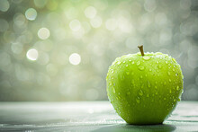 Green Granny Smith apple with water droplets on table