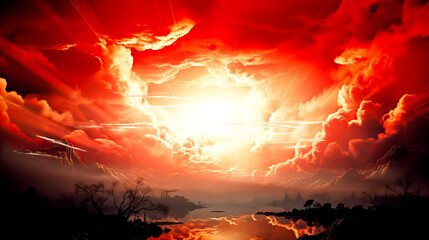 Wall Mural - Fantasy landscape with red sky and sun. Fantasy landscape with red sky and sun. Generative AI technology.