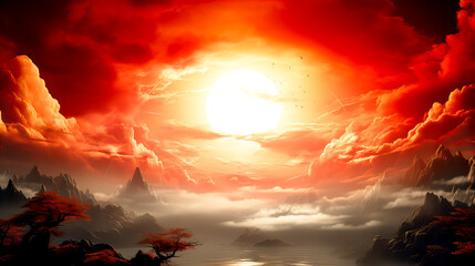Wall Mural - Fantasy landscape with red sky and sun. Fantasy landscape with red sky and sun. Generative AI technology.