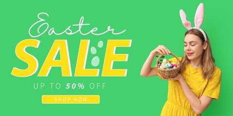 Wall Mural - Banner for Easter sale with beautiful young woman in bunny ears holding Easter basket with makeup cosmetics