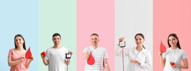 Wall Mural - Collage of blood donors and female doctor on color background