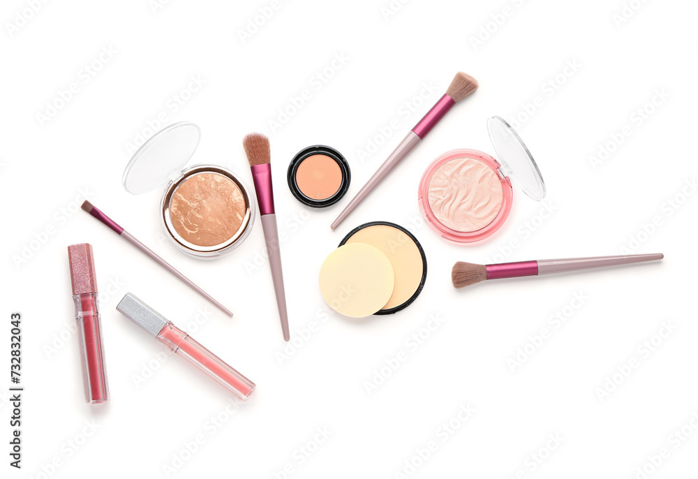 Set of different decorative cosmetics on white background, flat lay