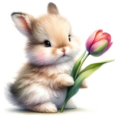 Aufkleber - Whimsical bunny watercolor illustration created with Generative AI technology