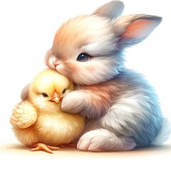 Aufkleber - Whimsical bunny watercolor illustration created with Generative AI technology