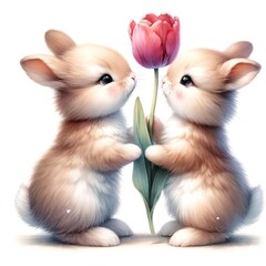 Aufkleber - Whimsical bunny watercolor illustration created with Generative AI technology