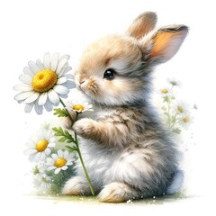 Aufkleber - Whimsical bunny watercolor illustration created with Generative AI technology