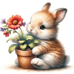 Aufkleber - Whimsical bunny watercolor illustration created with Generative AI technology
