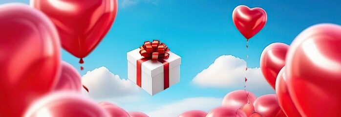 Wall Mural - gift box with heart balloon floating it the sky, happy valentine's day banners, paper art style.