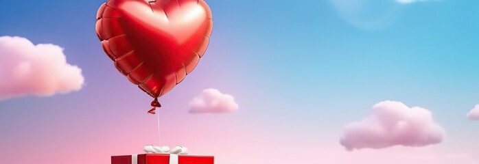 Wall Mural - gift box with heart balloon floating it the sky, happy valentine's day banners, paper art style.