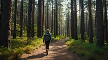 Hiker Woman Walking On Pine Forest Path On On Trail Woods Background From Generative AI