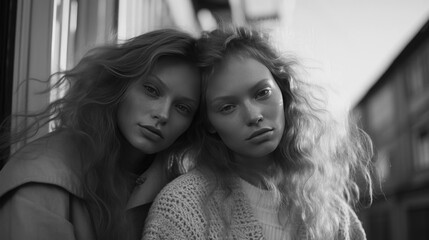 Black and white poster. Female portrait. Two sisters. Young beautiful white woman on street. Evening backlight. Minimalistic Scandinavian style. Same-sex love, pride month, lesbian, family, friendship