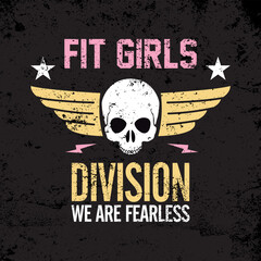 Fit girls division we are fearless, as a central image a skull with two wings, above the wings there are two stars and below two rays Vector for silkscreen, dtg, dtf, t-shirts, signs, banners, Subimat