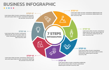 Poster - Visual data presentation. Cycle diagram with 7 options. Pie Chart Circle infographic template with 7 steps, options, parts, segments. Business concept. Marketing infographic vector illustration.