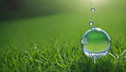 Wall Mural - a glass magic ball or a drop of water with the planet earth inside on green grass