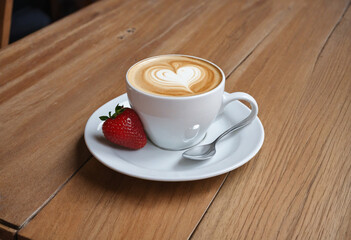 Wall Mural - Freshly brewed Cappuccino in a white cup on a wooden table at a cozy cafe