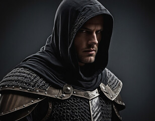 Mysterious medieval warrior in hooded armor, ready for battle, against a black background