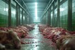 Beef and cattle, in a dirty slaughterhouse with few hygienic conditions.