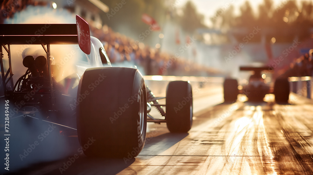 A vintage open-wheel race car performs a burnout on the track, with large slick tires and aerodynamic design, at a formula racing event, evoking the classic era of