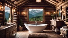  Cozy Log Cabin Interior Bathroom And Window View Of Mountains And Lake, Mockup